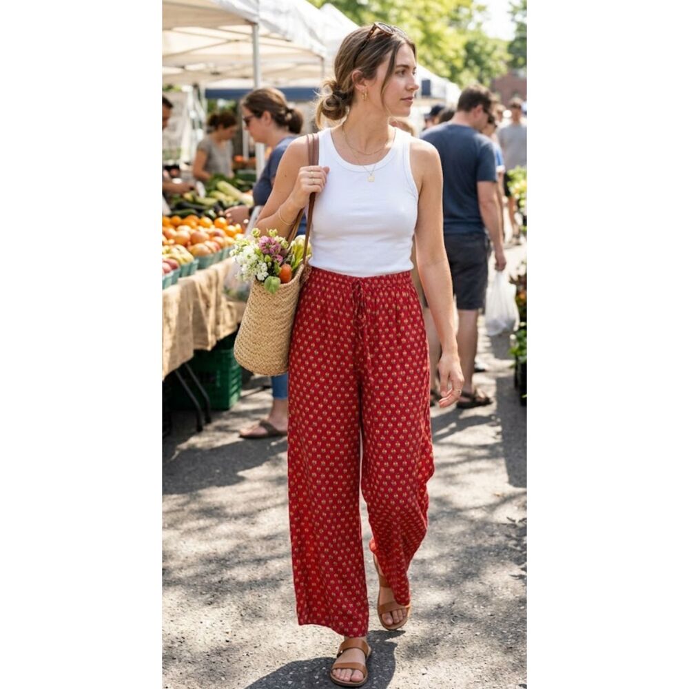 Orvis Wide Leg Pull On Floral Print High Waist Drawstring Pant Womens Size Small